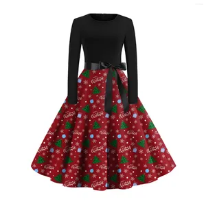 Casual Dresses Christmas Party Pin Up Rockabilly Dress Robe Costume Women Snowflake Print Winter Black Long Sleeve Vintage