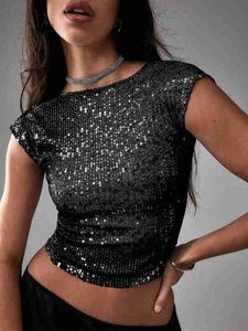 Kadın Tişört Seksi Tees High End Moda Y2K Kadınlar Yeni İnce Takım Sequin T-Shirt Partisi Seksi Sırtsız Top Yaz Tops