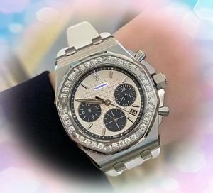 Lyxkvinnor Quarz Chronograph Watches Automatic Date Black White Blue Rubber Belt Diamonds Ring Militär Analog tid Importerad kristallspegel Kedjeklockor gåvor