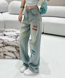 24Coss Design New Damen Luxus farbenfrohes gestickeltes Logo mit Löchern, hohe taillierte Denimhose Jeans Jeans Jeans Hosen Jean Hosen