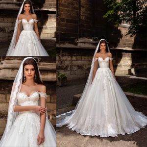 Crystal Design Bridal 2021 aus der Schulter Bustier schwer spitzen verschönerter Miedermieder Prinzessin Ein Line -Ball -Kleid -Hochzeitskleider 228r