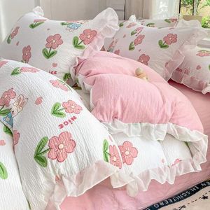 Bedding Sets Nordic Girl Heart Pink Floral Duvet Cover Bubble Wrap Lace Four Piece Set Washed Cotton Bed Sheet Dormitory Three