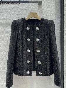 女性用ジャケットファッション滑走路秋の黒カジュアルカーディガンコートOネッククリスタルダブル胸肉長袖ジャケット