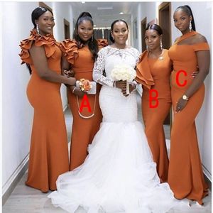 2021 Dark Orange Bridesmaid Dresses Mermaid Plus Size African Ruffles Straps Custom Made Plus Size Chiffon Floor Length Maid of Honor G 232u