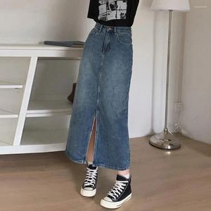 Saias saia de cor sólida vintage de jeans de cintura alta midi com bolsos de fenda frontal fechamento de botão retrô Jean lavado para mulheres