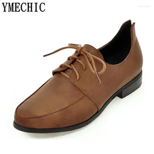 Casual Shoes Ymechic British Vintage Pu Lace Up Flat Heel Brogue Woman Sneakers Brown Black Plus Size Womens Oxford Flats