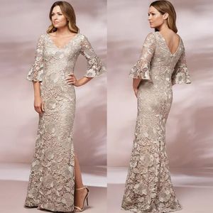 Champagne Mermaid Lace Mother Of The Bride Dresses V Neck Long Sleeves Evening Gowns Floor Length Plus Size Side Split Wedding Guest Dr 232l