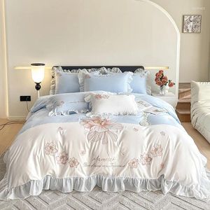 Bedding Sets King Size Set Princess Floral Embroidery Chiffon Ruffles Pure Cotton Duvet Cover Bed Sheet And Pillowcases