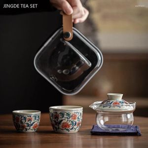 Teaware set Jingdezhen Blue and White Porcelain Tea Set Glass Gaiwan One Pot Two Cups Outdoor Infuser Travel Portable Ceramic