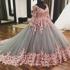 Blush in pizzo rosa Quinceanera Abiti a maniche lunghe grigie a vccino a collo da sera da sera con abito formale de quincea dolce 15 16 dr 2478