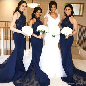 2022 New Sexy Dark Navy Bridesmaid Dresses Mermaid Halter Neck with Lace Maid of Honor Gowns Sleeveless Long Formal Wedding Guest Dress 238j
