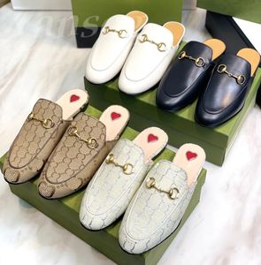 Mules Leather Slipper 100％リアルレザーローファーデザイナーMules Luxury Size 34-46女性男性Jacquardレザースリッパジャンボロゴキャンバスフラットシューズスリッパ