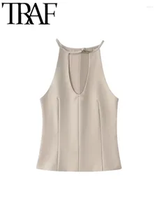 Kvinnors tankar 2024 Summer Y2K Office Women Deep V Neck Sleeveless Tunic Slim Loop Decoration Women Crop Top Streetwear