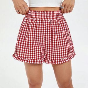 Frauen Shorts Imcute Y2K Plaid lässig locker sitzende elastische Taille Shirred Ruffled Trimm Short Hosen Lounge Bottoms