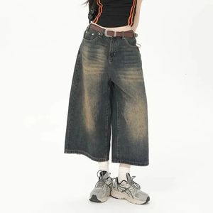 Kvinnor y2k stil baggy denim shorts brett ben korta byxor mode hög midja mörk tvätt knä längd lös unisex jeans casual 240508