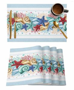 TABELA TATS DE TABELA VERMEIRO OCEANA Aquarela aquarela da marinha coral Céu azul de café tapa de tapa de cozinha Placemat Rapet Dinnerware 4/6pcs almofadas