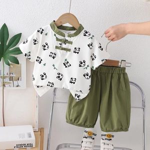 Roupas de roupas de verão bebê menino roupas infantis 2024 estilo chinês estampado completo panda shirts e shorts de manga curta 2pcs