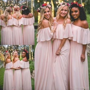 2020 New Chiffon Long Brautjungfer Kleider elegantes Rosa vor dem Schulterstrand Bohemian Maid of Honor Wedding Party Plus Size Prom Kleid 4 2322