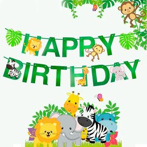 Party Decoration Happy Birthday Banner Paper Bunting Garland Jungle Safari Baby Shower Boy Girl Wild One Decor Kids