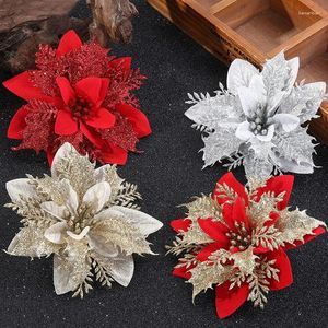Decorative Flowers 10pcs Christmas Glitter Artificial Flower Merry Decorations For Home Navidad 2024 Xmas Year Party Supplies