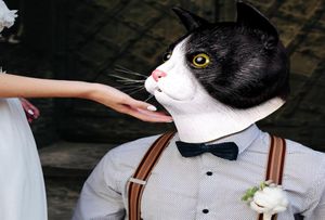 Sevimli Kedi Maskesi Cadılar Bayramı Kostüm Partisi Yenilik Hayvan Baş Kafası Lateks Yüz Maskesi Siyah ve Beyaz Parti Cos7030571