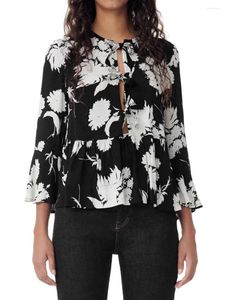 Kvinnors blusar Kvinnor BASIC TIE FRED Babydoll Toppar Floral Stripe Print Casure Crewneck långärmad skjorta damer mode lösa tees