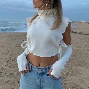 Kvinnors T-skjortor Kvinnor High Neck Long Sleeve Cut Out Off Axel Shirt Sexig Ribbed Lace Up All-Match Streetwear Club Outfits White Crop Top