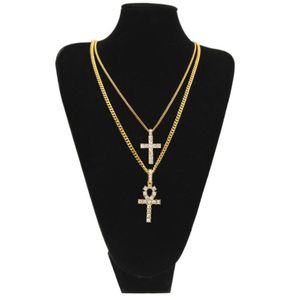 Gold Silberägyptian Ankh mit Kreuzkette Set Bling Strass -Kristallschlüsselkreuz Halsketten Hip Hop Schmuck 90077730