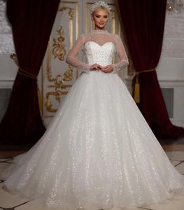 2024 glänzende Pailletten Brautkleider O-Neck Long Sleeve Perlen Perlen geschwollene Brautkleider Vestido de Noiva Casamento Customed