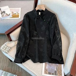 Ethnic Clothing 2024 Chinese Style Jacquard Bubble Sleeve Long Cheongsam Blouse Women Slimming Vintage Disc Button Chiffon Qipao Top W372