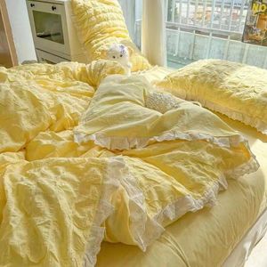 Bettwäsche Sets Koreanische Prinzessin Set gelbe Bettdecke Cover Ins Style Wash Baumwolle Sommerweichbettblatt Tröster Quilt