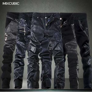 Men's Pants 2022 Fashion Tight Skull Spliced Leather Pants for Mens Leisure Slim Fit Suitable for Washing Motorcycle Leather Pants for Mens Feet 28-36L2405