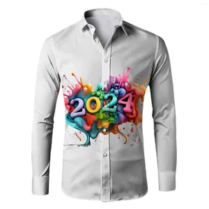 Mäns casual skjortor 3D digital tryck mode personlighet fast färg långärmad skjorta shorts vänd krage affär