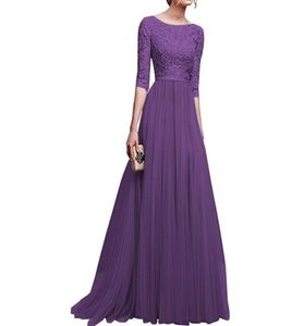 Zebery Fashion Midsleeve Oneck Lace Chiffon Banquet Dress Woman Wedding Bridesmaid Floorlength Ball Gown Dress Lace Vestido8876639