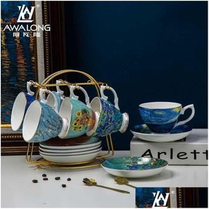 Canecas van gogh copos de café The Starry Night Art Painting Tea Cup de caneca de capa de porcelana e pires