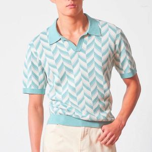 Herren Polos Sommerkleidung Luxus Jacquard gestrickt V Hals kurzärmelige Poloshirt Freizeit atmungsaktiv