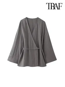 Women's Blouses -Women's Textured Crossover Kimono Side Ties Long Sleeves Loose Female Shirts Chic Tops Fashion