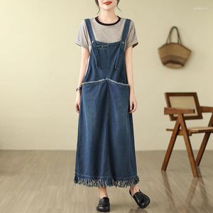 Casual Dresses Denim Long Sling For Women Summer Kvinnliga ärmlös stor storlek S-5XL Elegant blå storficka Tassel Löst Vestido