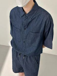 Summer Casual Set Thin Denim Suits For Mens Vintage Wash Jean Tyg Tvådelar Kort ärm Lapel-skjorta Shorts Outfits 240429