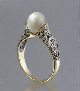 14K Gold Retro Silver Ring Pearls Princess Förlovningsringar för kvinnor Bröllopsmycken Bröllopsringar Tillbehör Storlek 610 3261751