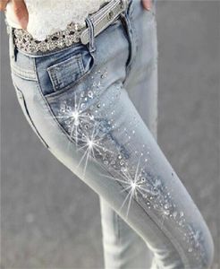 women diamond drilled hole jeans woman pencil pants women Jeans Ripped denim trousers with Rhine Denim Pants Woman 2103195924637