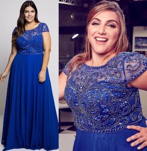 Stunning Blue Beaded Plus Size Evening Dresses Sheer Bateau Neck A Line Prom Gowns Cheap Floor Length Chiffon Formal Dress5147645