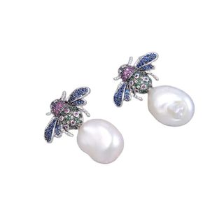 GuaiGuai Jewelry Natural Freshwater White Coin Pearl Silver Color Plated Cz Pave Insect Stud Earrings Cute For Women6952124