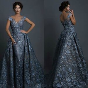Zuhair Murad 2019 Mermaid Prom -klänningar med löstagbar kjol Full spetsapplikationslock ärmar Kvällsklänning Sheer V Neck Formal Dress Part 261B