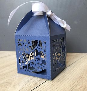 Party Favor Plum Blossom Navy Blue Laser Cut Wedding Box Small Gift Packaging With Ribbon Pecial Decorated Favors For Guests