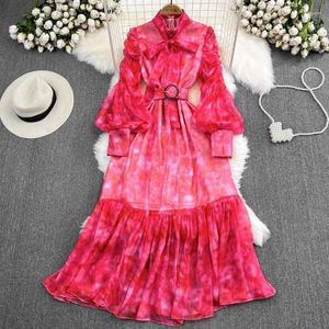 Casual Dresses Vintage Dress Women Tie Dye Belt Lantern Sleeve Floral Print Vestidos Femenino Womens Stand Collar French Style Dropship