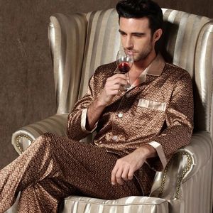 High quality pajama set for mens spring and autumn seasons thin polyester ice silk long sleeved pajamas plus size summer mens clothing 240511