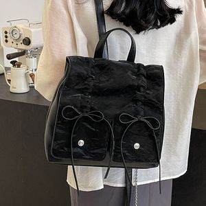 Bow Design Womens Y2K Korean Fashion Small Solid Color Backpack Lady School Bag Pu Leather Travel Simple Back Packs 240508