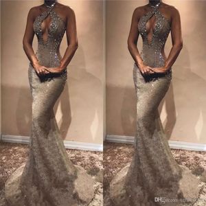 Charming Halter Neck Mermaid Evening Dresses Sleeveless Sweep Train With Crystal Cutaway Sides Special Occasion Dresses Sexy Prom Dress 242C