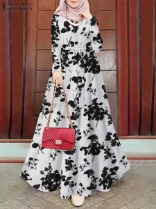 Roupas étnicas Mulheres Muslim Abaya Vestido Longo Zanzea Vintage Long SLVE Floral Impresso Floral Marocain Eid Mubarek Ramadan Turquia Vestido T240510